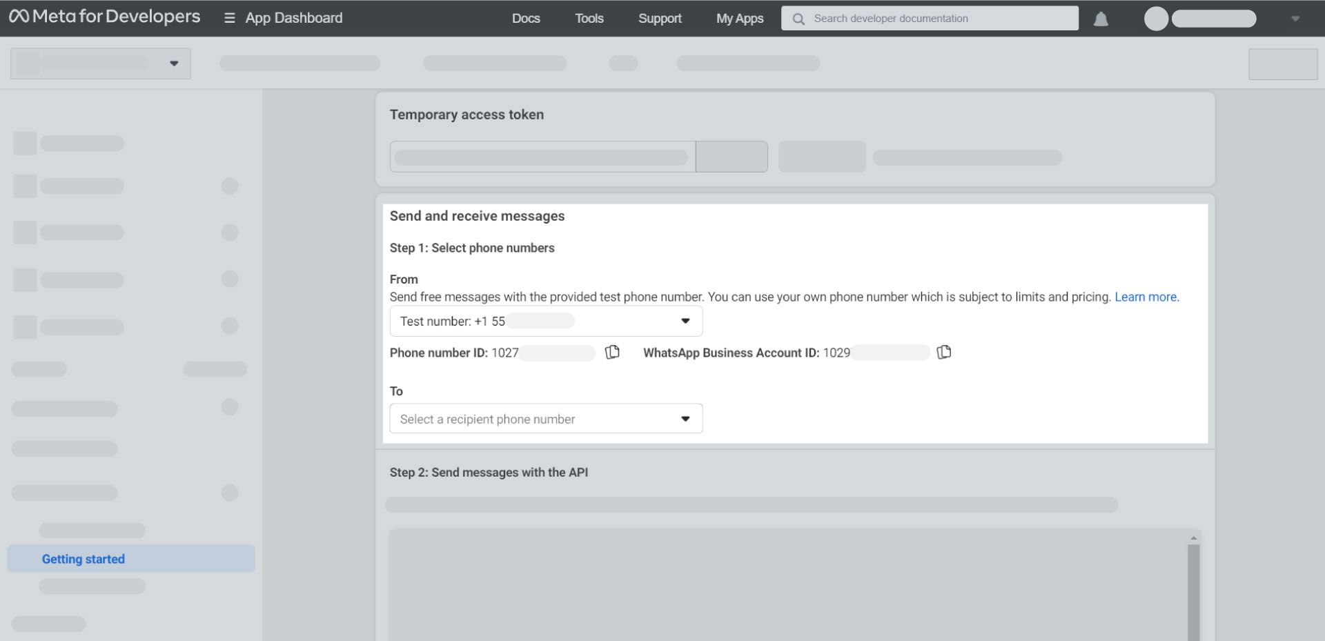 Send a message with the test number generated by WhatsApp to a phone number registered with WhatsApp to test if your integration is a success. Note that this step is optional. You can skip this step and add your own phone number to your WhatsApp Cloud API Account.