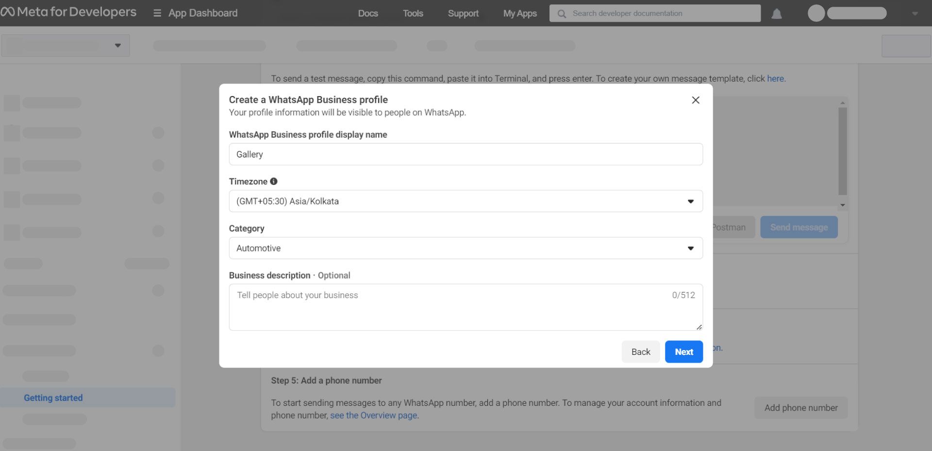 Fill in your WhatsApp business profile information and click Next.