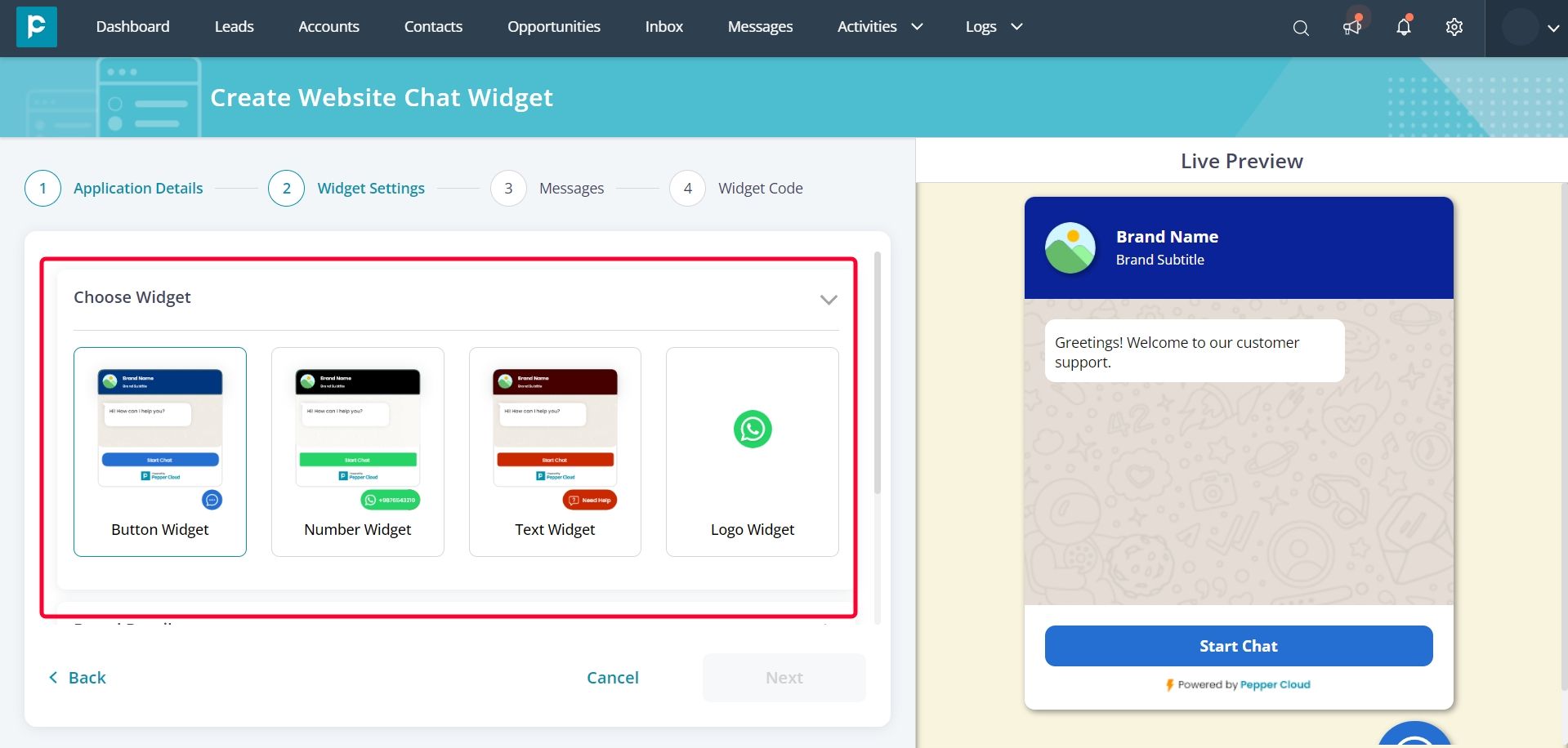 Step 6.1: Choose Website chat widget