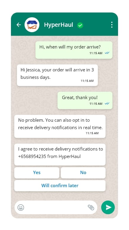 WhatsApp opt-ins during initial customer interaction