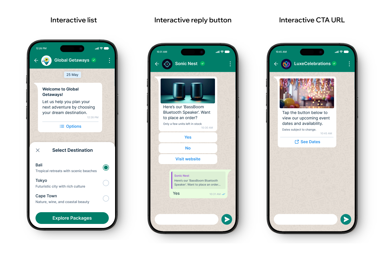 Interactive WhatsApp messages: Lists, Reply buttons, CTA URL